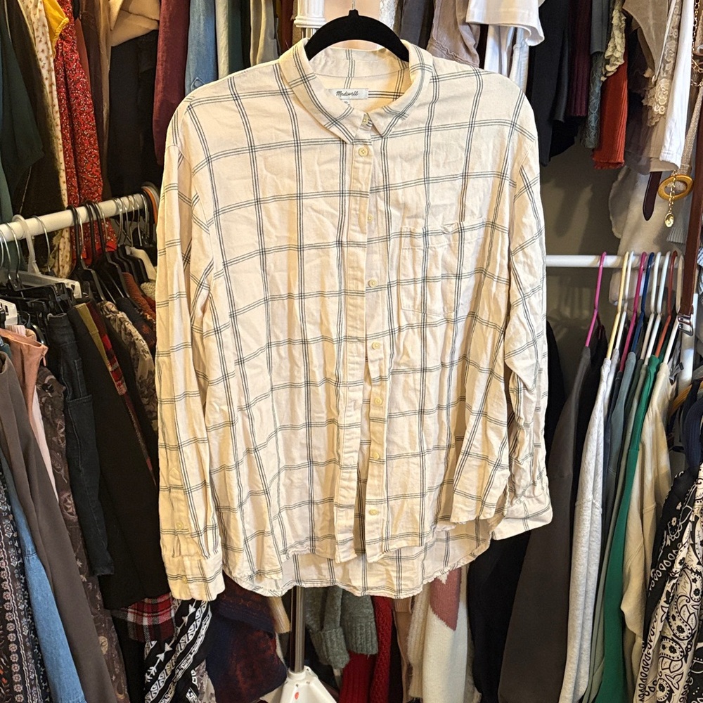 Madewell Cream and Forest Green Grid Button-Down Shirt